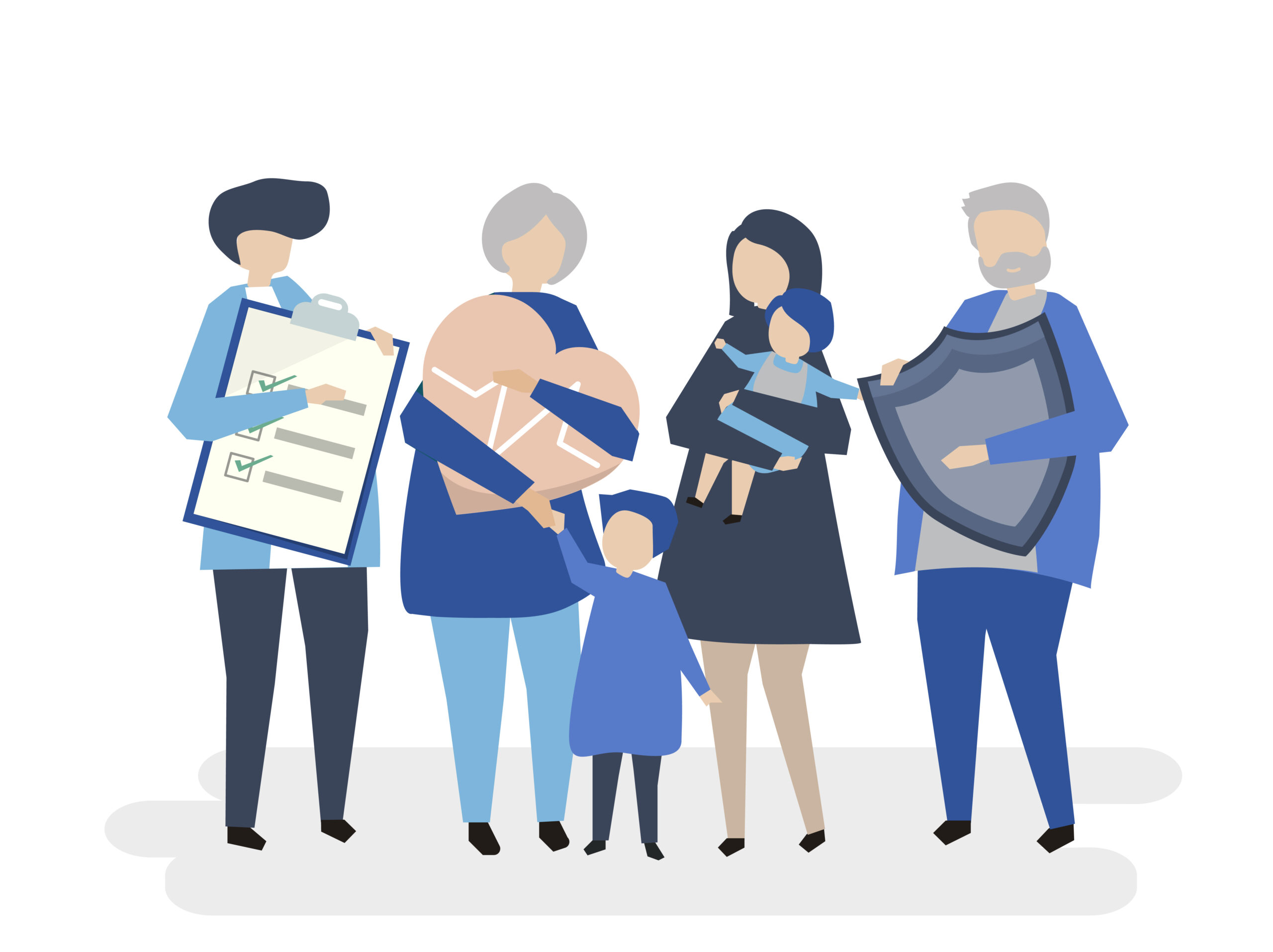 Characters of an extended family with healthcare illustration